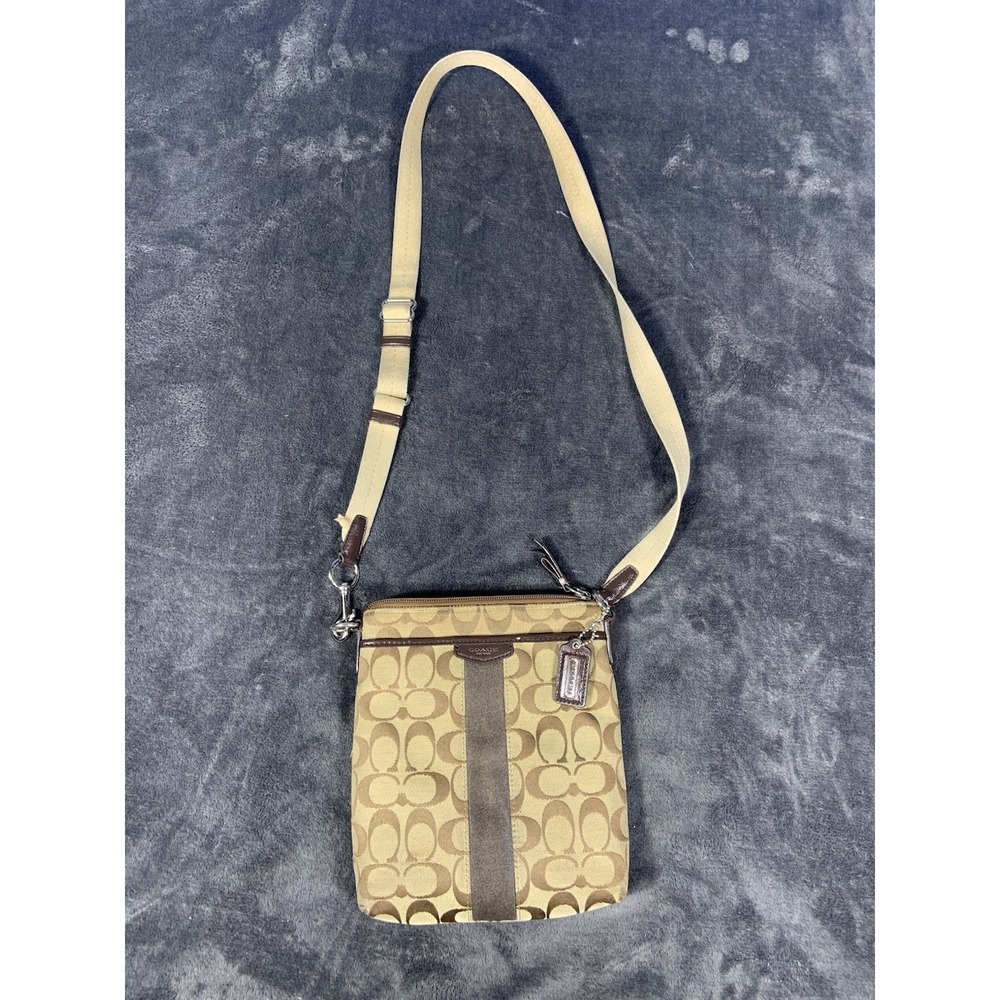 Coach Swingpack Crossbody Zip Purse Tan Brown Signature C Jacquard Canvas
